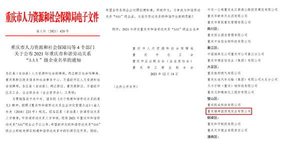 重庆西郊福寿园被评为重庆市和谐劳动关系“AAA”级企业 第1张