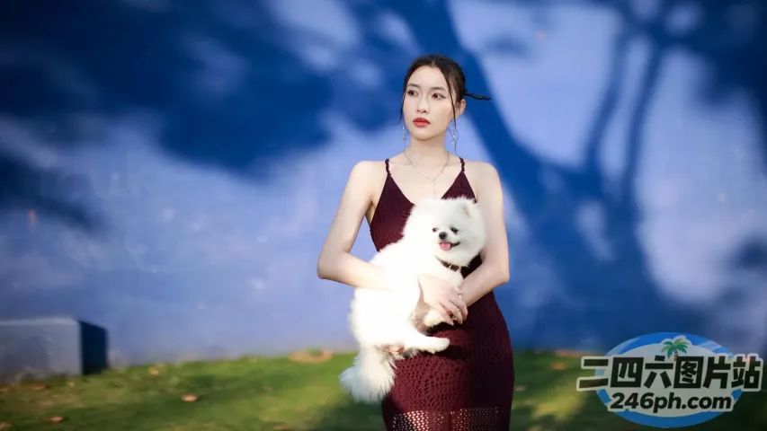有个女人怀里抱着一只白狗