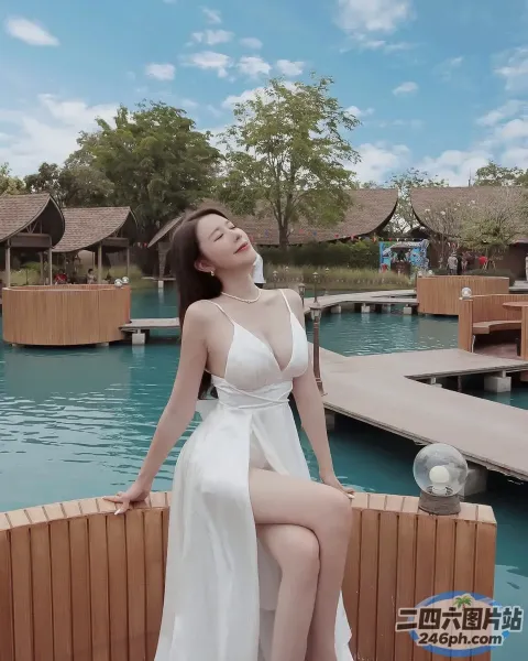 一个穿着白色连衣裙的女人坐在游泳池旁边的木凳上
