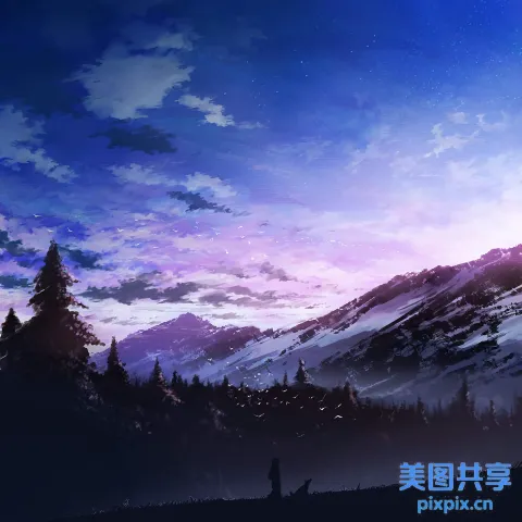 紫色天空的山峦和山丘上站着一个人