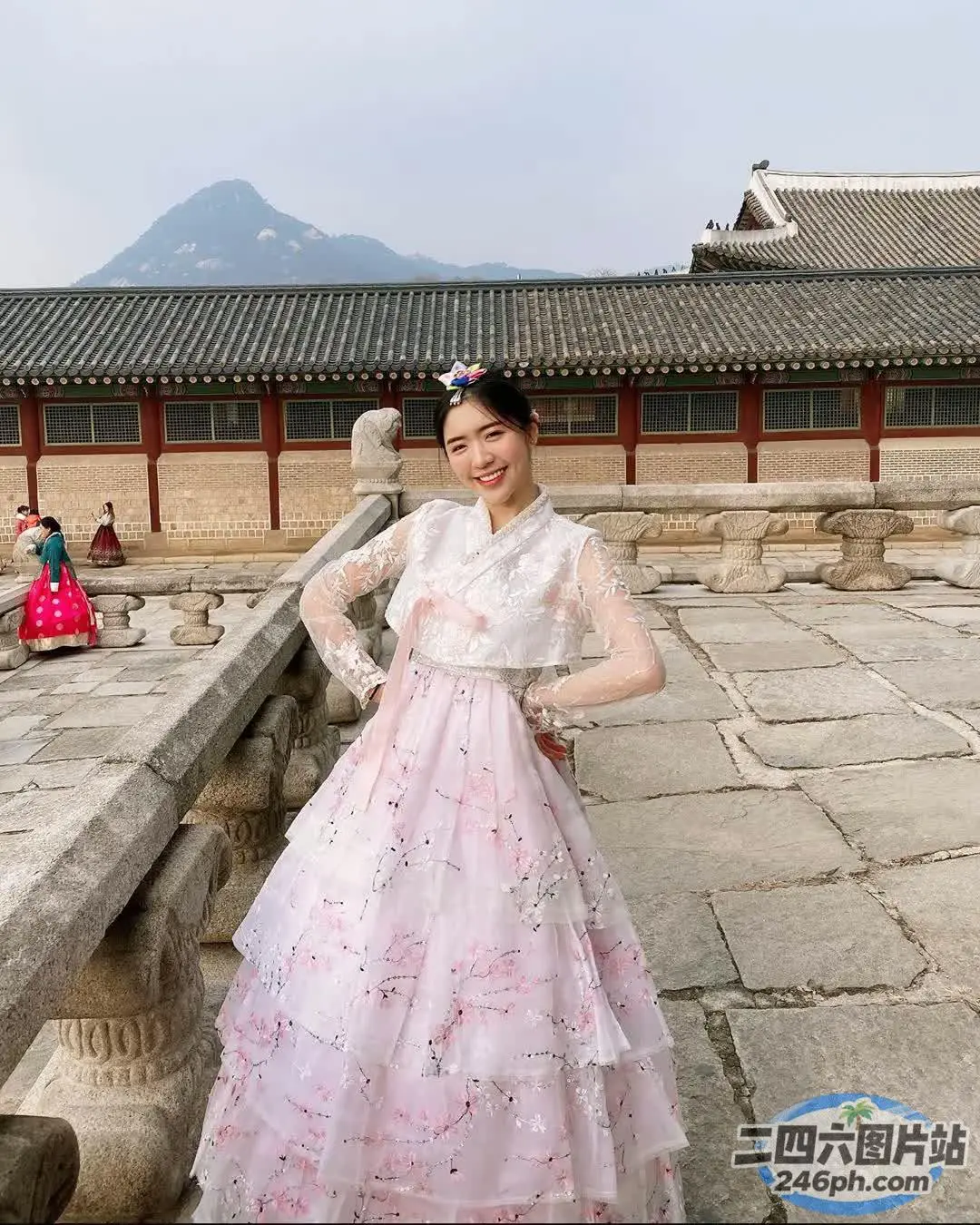 站在石墙上的粉红色连衣裙的阿拉夫德女人