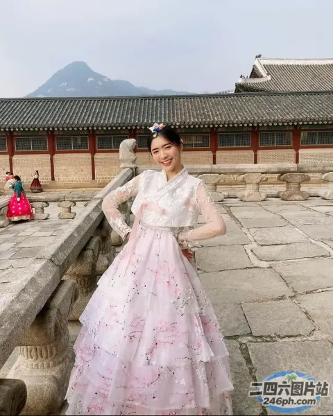 站在石墙上的粉红色连衣裙的阿拉夫德女人
