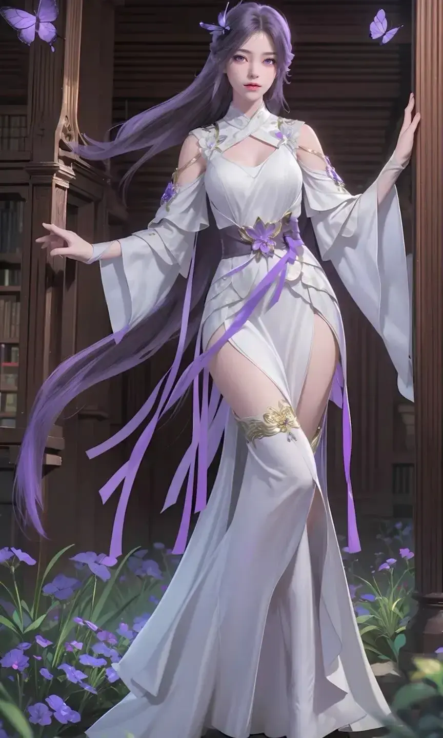 一个身穿白裙的女人站在花园里