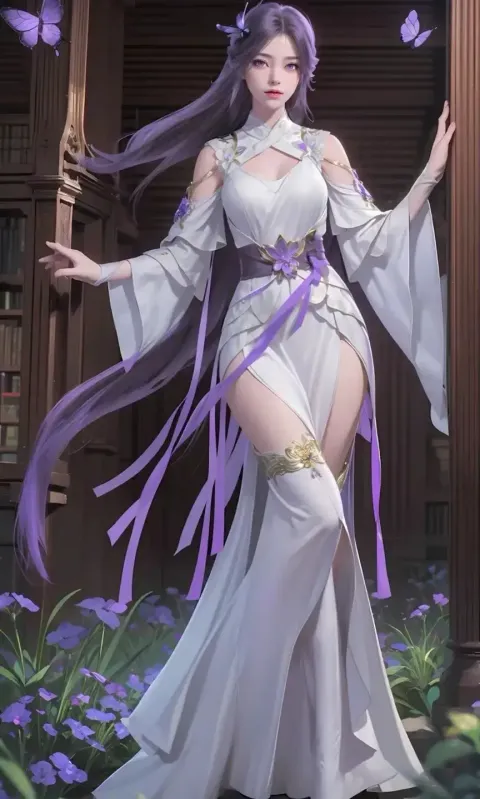 一个身穿白裙的女人站在花园里