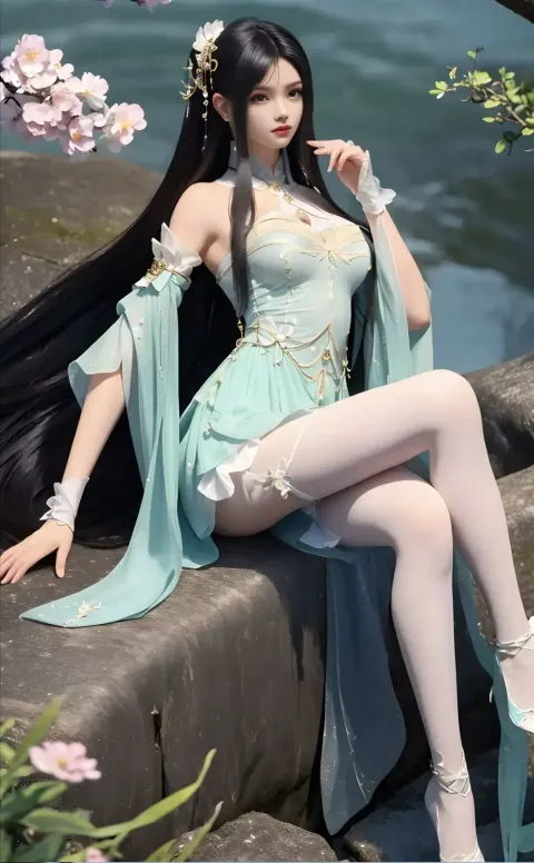 坐在石架上的身穿蓝色连衣裙的阿拉夫女人