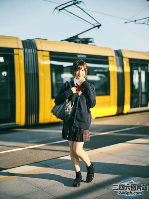 穿着校服的 Araffe 女子走在火车旁边的人行道上
