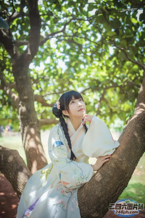 穿着白色和服坐在树枝上的阿拉菲女人
