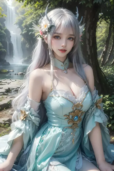 一个穿着裙子的女人坐在岩石上的特写