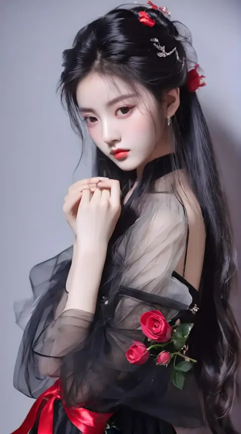 长发女子穿着黑色连衣裙的特写