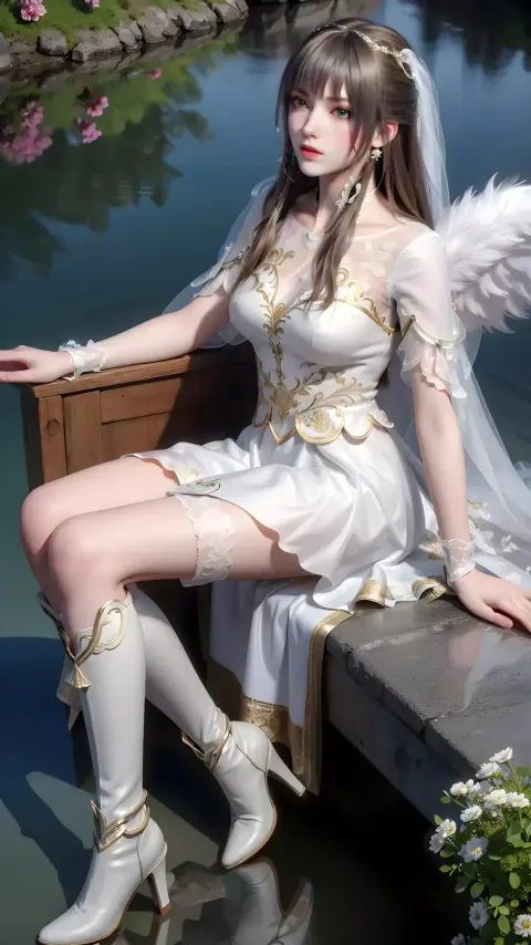 身穿白色连衣裙的阿拉夫妇女坐在池塘边的长椅上