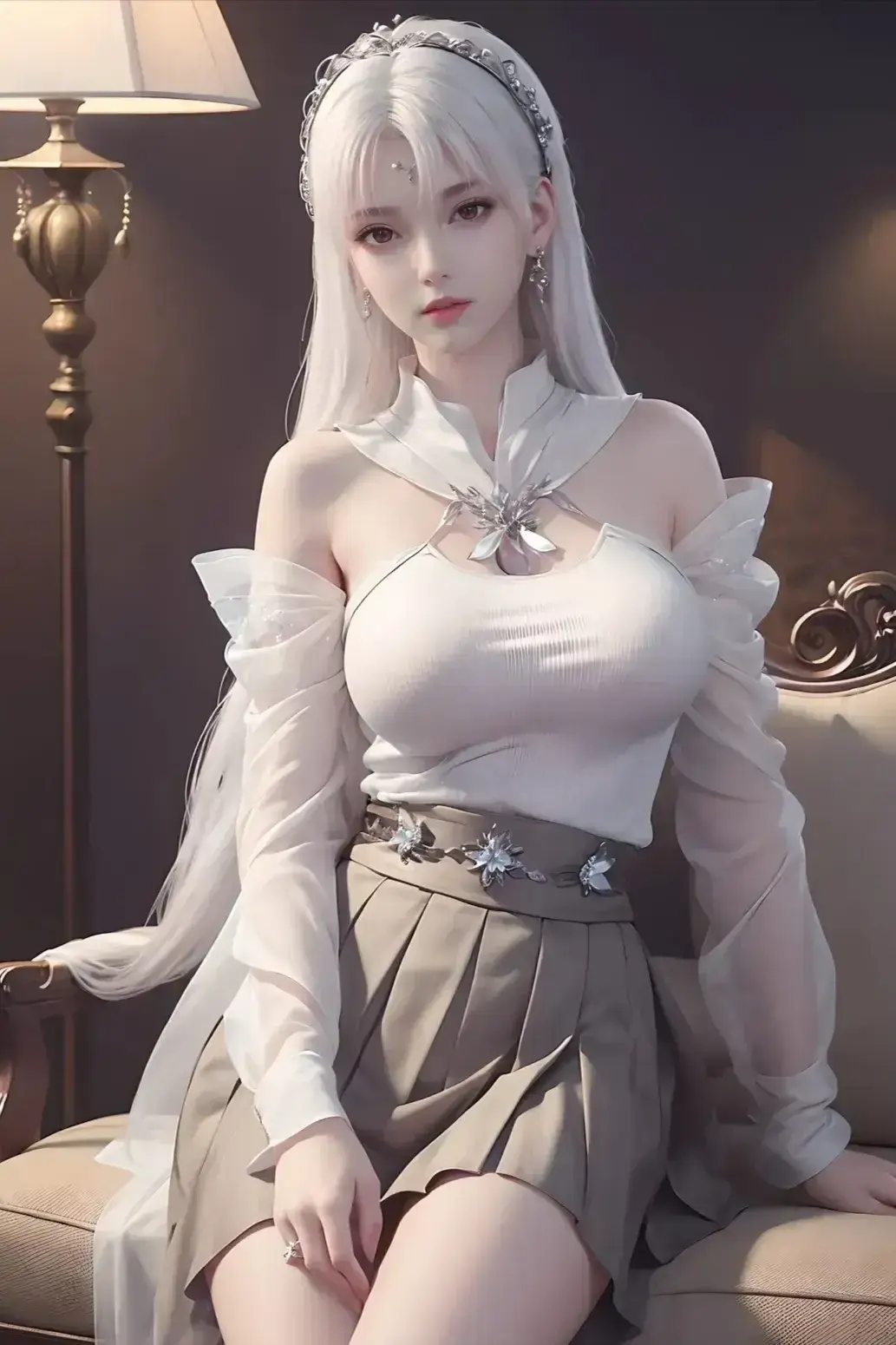 身穿白色上衣和裙子坐在沙发上的阿拉夫女人
