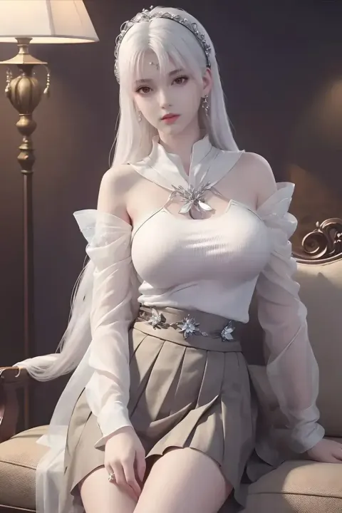 身穿白色上衣和裙子坐在沙发上的阿拉夫女人