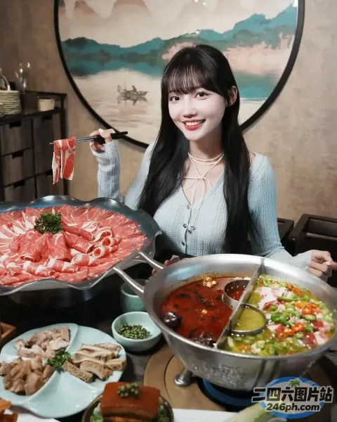 坐在桌子旁的女人，手里拿着一大碗食物
