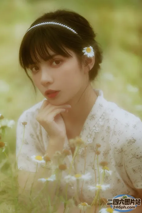有个女人坐在花田里，头发上插着一朵花