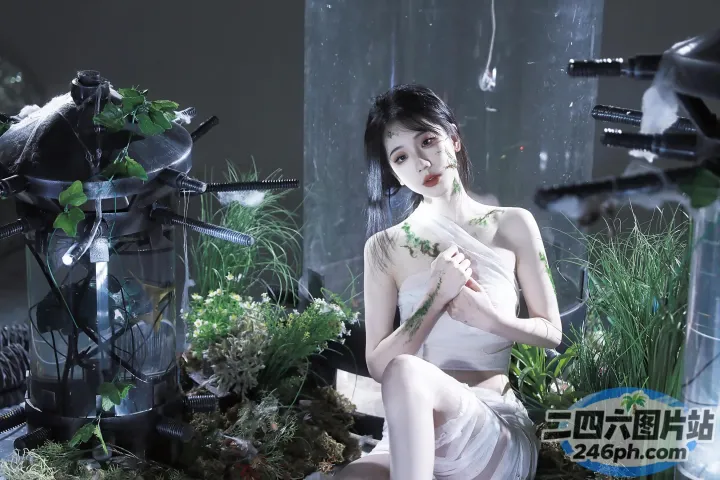 穿着白色连衣裙的 Arafed 女人坐在长满植物的岩石上