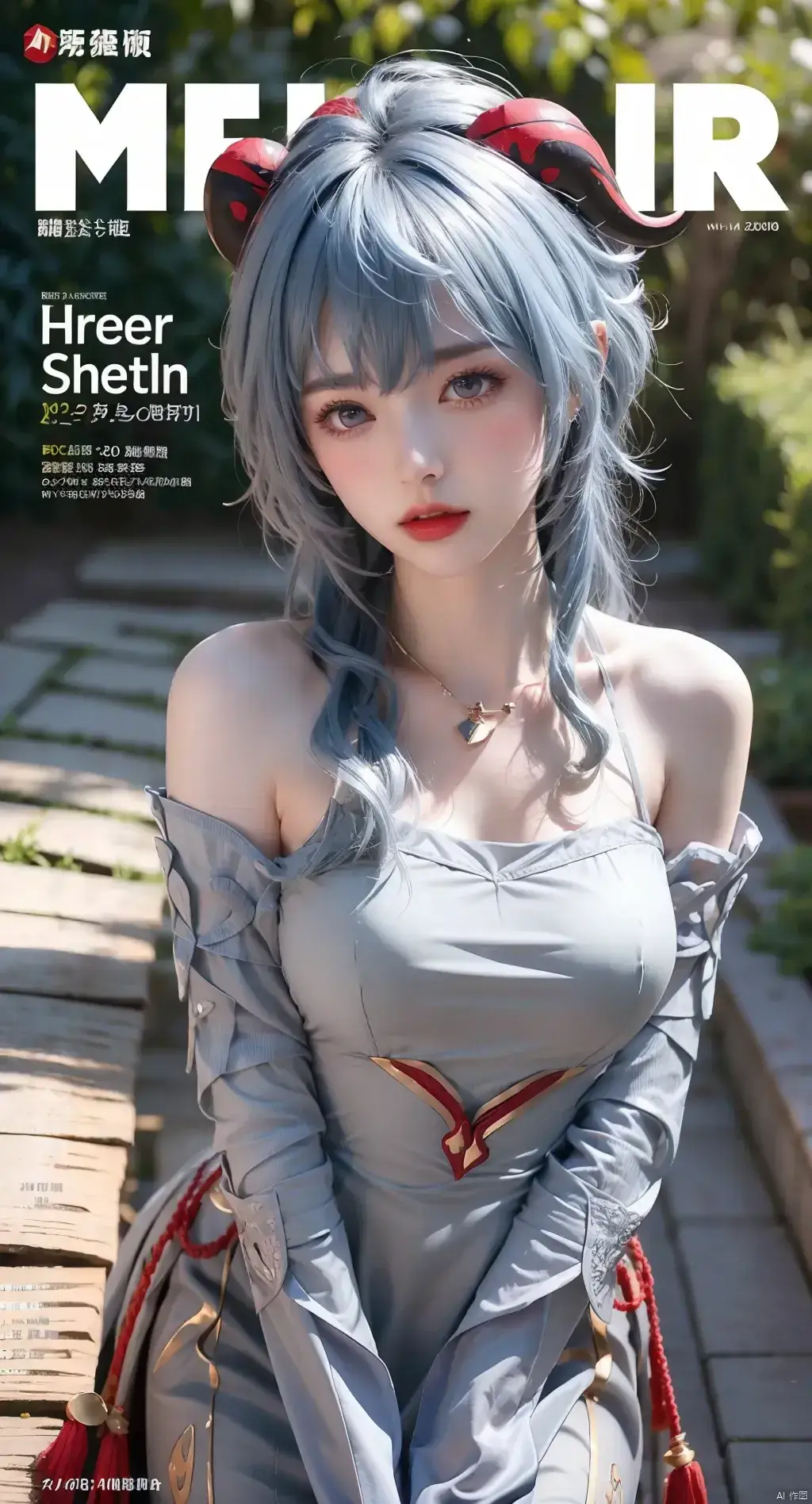 一位蓝头发和猫耳朵的女人正在为杂志封面摆姿势