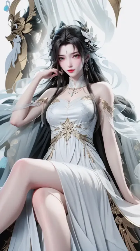 一个身穿白色连衣裙的女人坐在宝座上的特写