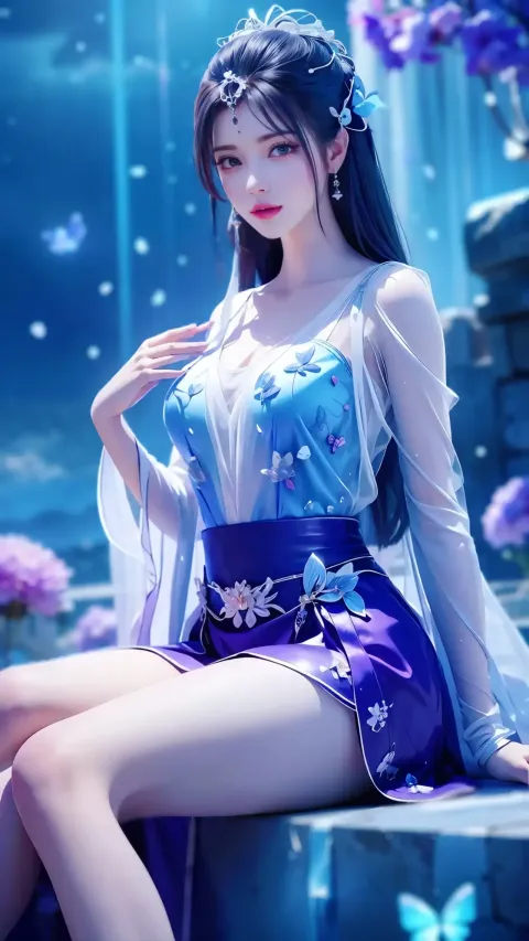 一个穿着蓝色连衣裙的女人坐在壁架上的特写