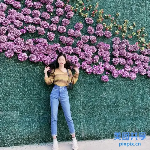 站在开着紫色花朵的墙前的 araffe 女人