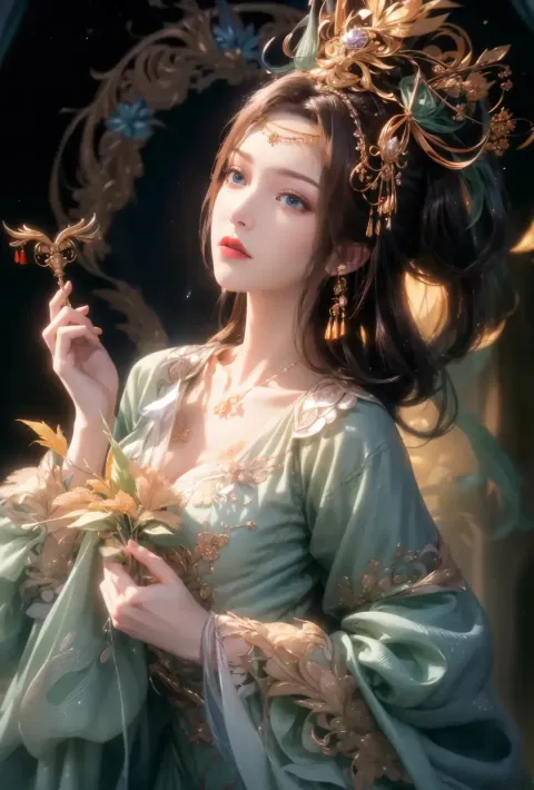 身穿绿色连衣裙的阿拉夫德女人，手里拿着一朵花和一只蝴蝶