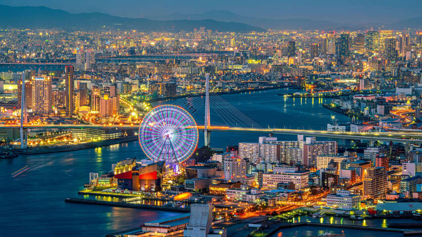 拥有摩天轮和桥梁的城市景观