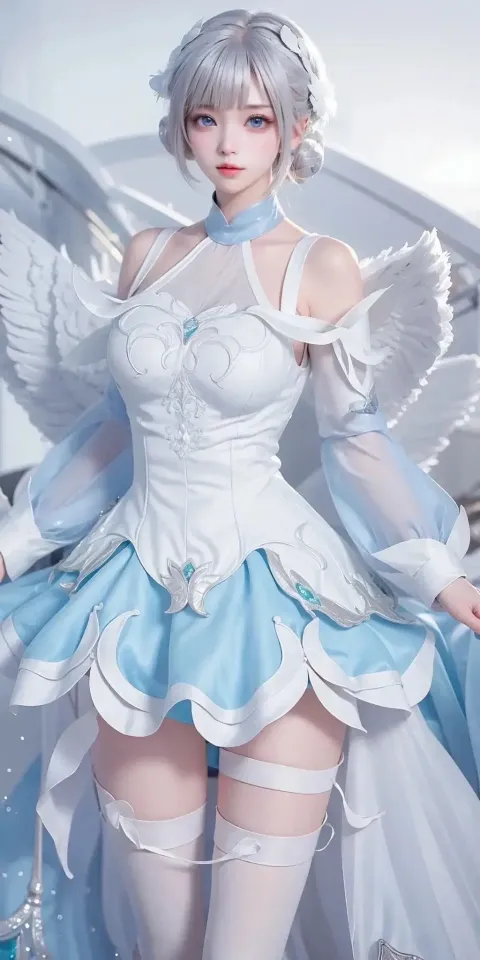 身穿白蓝相间服装的女人的特写