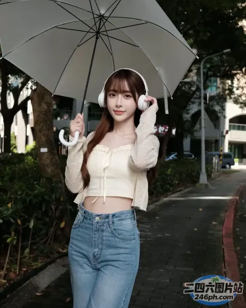 戴着耳机的 Araffe 女子在人行道上撑着雨伞