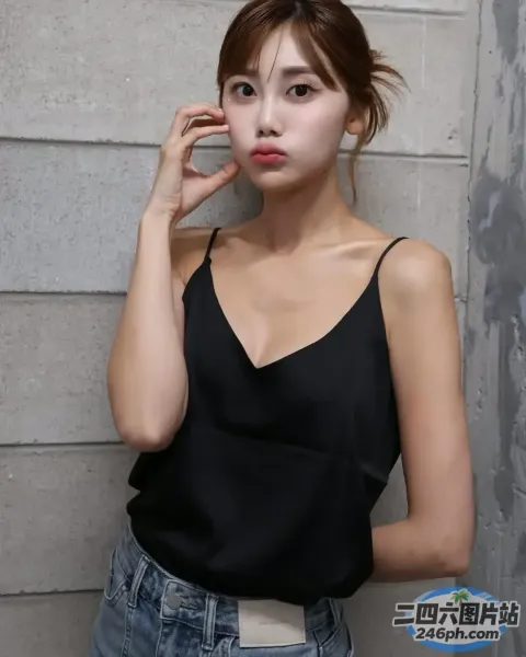 一个穿着黑色上衣和牛仔裤的女人的特写