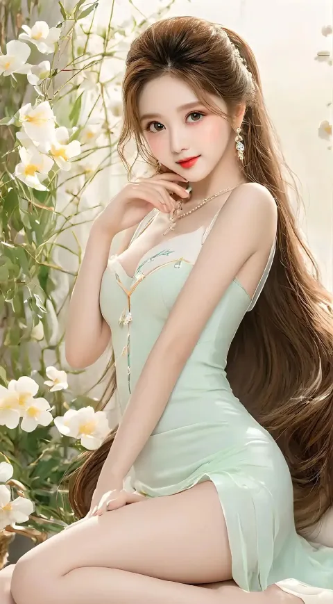 一个穿着绿色连衣裙的女人坐在床上的特写