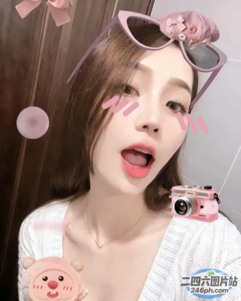 有个女人拿着相机和猪玩具自拍