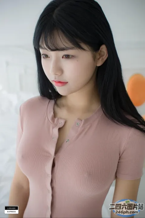 一个穿着粉红色衬衫的黑色长发女人的特写