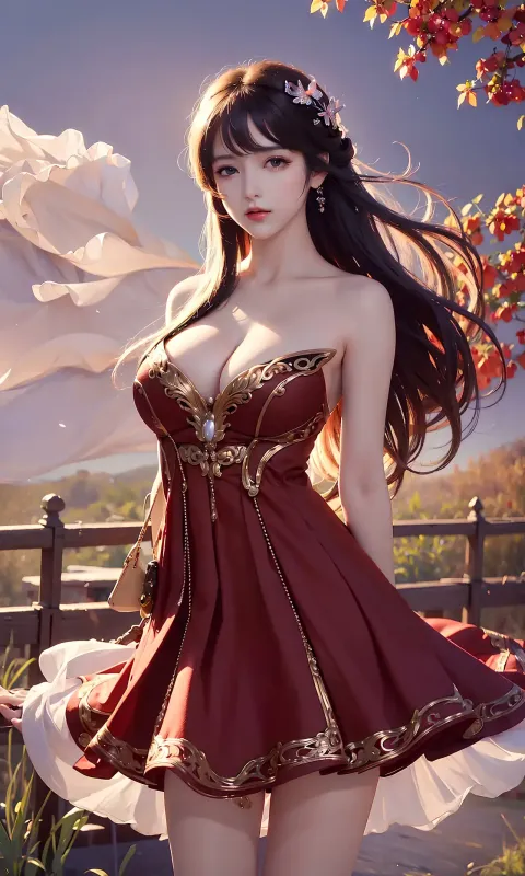 穿着红色连衣裙的性感亚洲女人摆姿势拍照