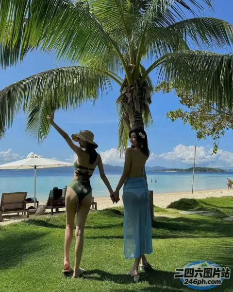 两名身穿比基尼的女子站在海滩上的棕榈树下