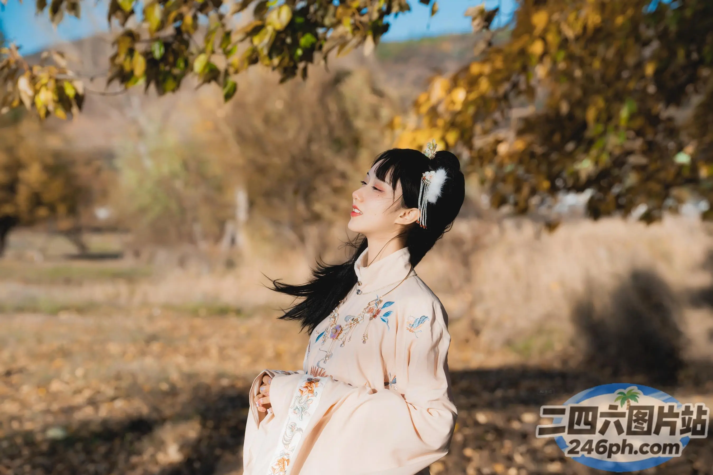 穿着和服的阿拉伯女人站在田野的树下