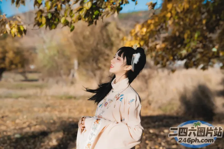 穿着和服的阿拉伯女人站在田野的树下