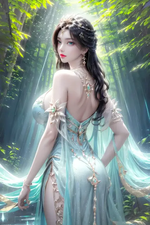 一个身穿蓝色连衣裙的女人站在森林里