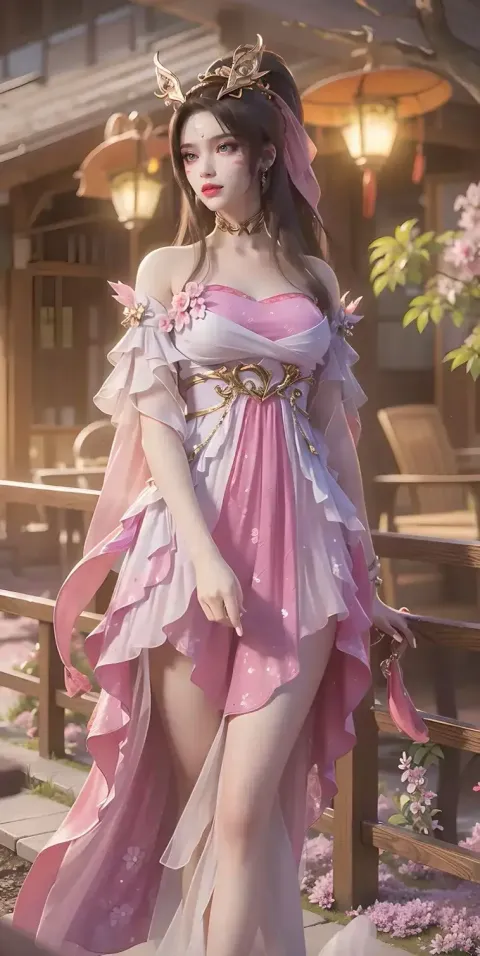 穿着粉红色连衣裙的动漫女孩在建筑物前摆姿势