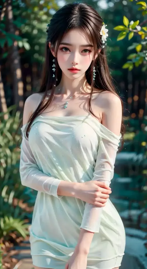 身穿白裙的女子摆姿势拍照