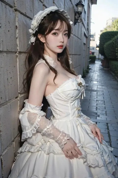 砖墙附近一个穿着白色连衣裙的女人的特写