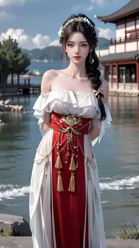 身穿红白相间连衣裙的阿拉夫德女子站在水边
