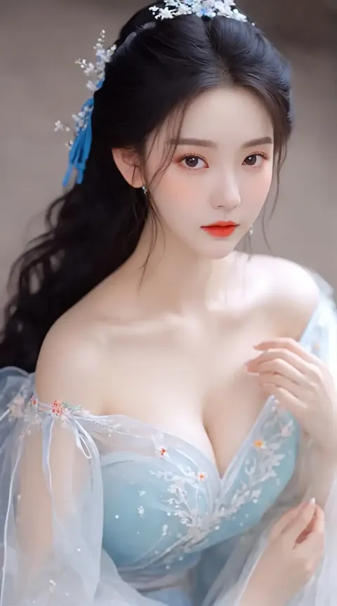 一个女人穿着蓝色连衣裙和