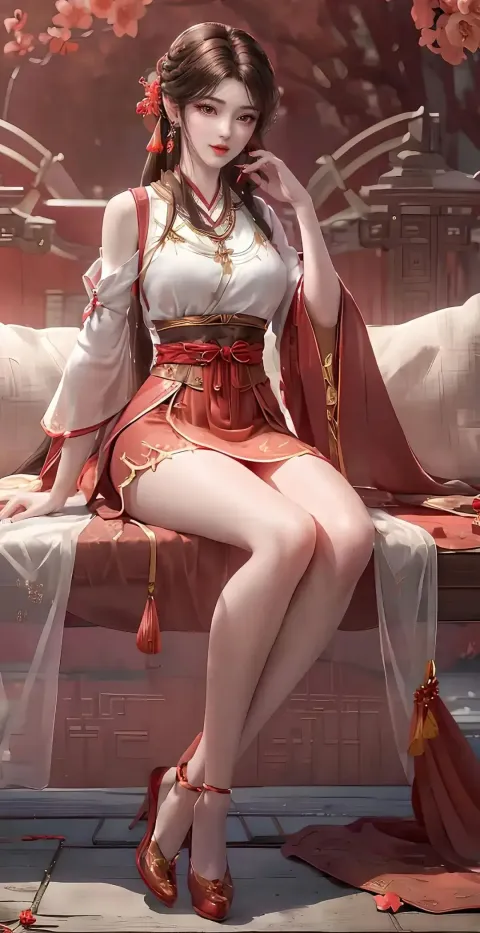 身着红白相间的衣服坐在长椅上的阿拉夫女人