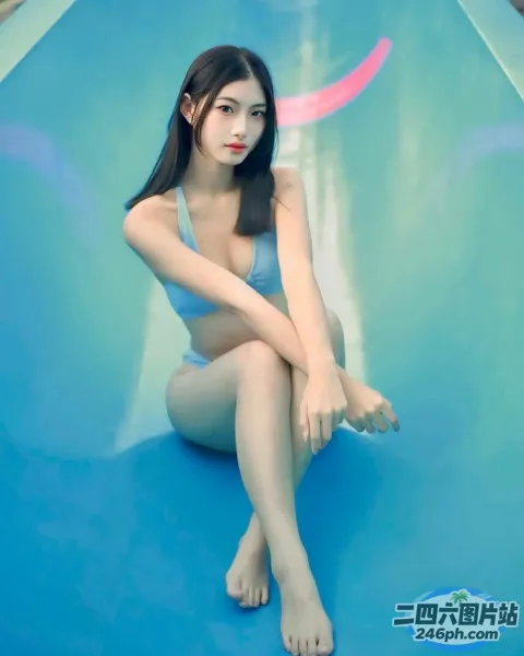 一位身穿蓝色比基尼的女子坐在滑梯上的特写