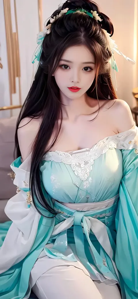一个穿着蓝色连衣裙的女人坐在沙发上的特写