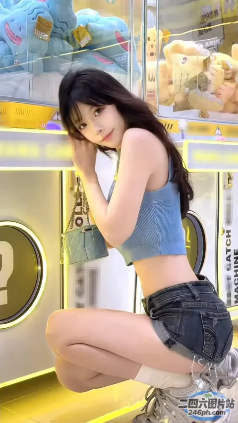 一位身穿蓝色上衣和牛仔短裤的女人的特写