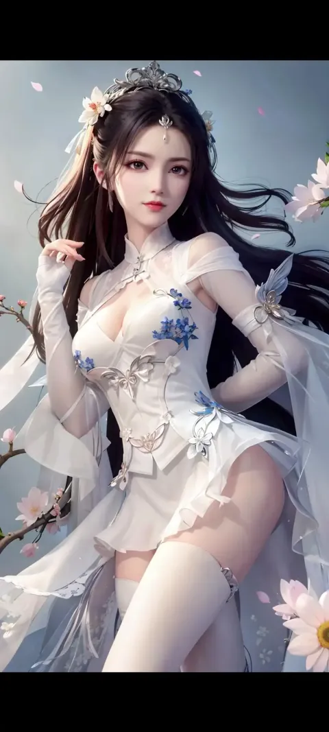 一个穿着白色连衣裙和鲜花的女人的特写