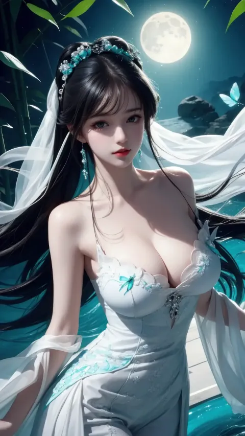 一个身穿白裙的女人站在水里