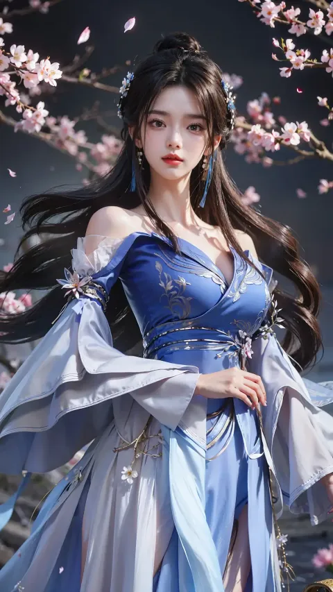 身穿蓝色连衣裙的阿拉夫德女人站在树下