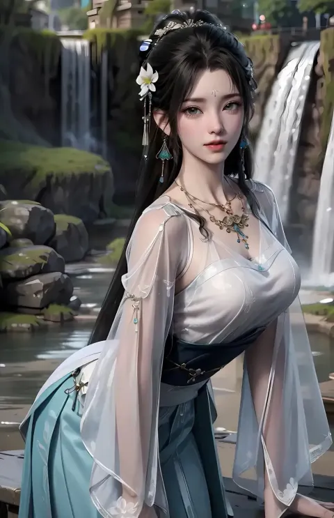 身穿蓝色连衣裙的阿拉夫德女人在瀑布前摆姿势