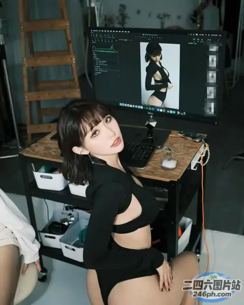 一个穿着黑色上衣的女人坐在电脑前的特写